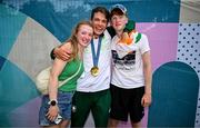2 August 2024; Fintan McCarthy of Team Ireland celebrates with friends after winning the men's lightweight double sculls finals A at Vaires-sur-Marne Nautical Stadium during the 2024 Paris Summer Olympic Games in Paris, France. Photo by Brendan Moran/Sportsfile