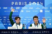 2 August 2024; Paul O'Donovan, left, and Fintan McCarthy of Team Ireland during the press conference after winning gold in the men's lightweight double sculls finals A at Vaires-sur-Marne Nautical Stadium during the 2024 Paris Summer Olympic Games in Paris, France. Photo by Brendan Moran/Sportsfile
