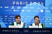 2 August 2024; Paul O'Donovan, left, and Fintan McCarthy of Team Ireland during the press conference after winning gold in the men's lightweight double sculls finals A at Vaires-sur-Marne Nautical Stadium during the 2024 Paris Summer Olympic Games in Paris, France. Photo by Brendan Moran/Sportsfile