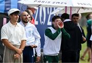 2 August 2024; Fintan McCarthy of Team Ireland cheers on his teammates Margaret Cremen and Aoife Casey in their women's lightweight double sculls finals A while awaiting his medal ceremony at Vaires-sur-Marne Nautical Stadium during the 2024 Paris Summer Olympic Games in Paris, France. Photo by Brendan Moran/Sportsfile