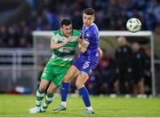 2 August 2024; Aaron Greene of Shamrock Rovers in action against Darragh Leahy of Waterford during the SSE Airtricity Men's Premier Division match between Waterford and Shamrock Rovers at the Regional Sports Centre in Waterford. Photo by Michael P Ryan/Sportsfile