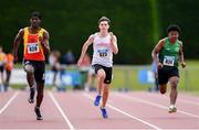 3 August 2024; Athletes, from left, Sean Aigboboh of Tallaght A.C., Dublin, Cillian Doherty of Crusaders A.C., Dublin, and Mathdenzel Mugri of Cabinteely A.C., Dublin, compete in the men's U20 100m heats during the 123.ie National U20 & U23 Track and Field Championships in Tullamore, Offaly. Photo by Tyler Miller/Sportsfile
