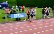 3 August 2024; Sean Hayes of Nenagh Olympics A.C., Tipperary, left, and Kyle Witter of Ratoath A.C., Meath, second from left, lead the field in the men's U23 800m during the 123.ie National U20 & U23 Track and Field Championships in Tullamore, Offaly. Photo by Tyler Miller/Sportsfile