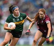 4 August 2024; Emma Dineen of Kerry is tackled by Sarah Ní Loingsigh of Galway during the TG4 All-Ireland Ladies Football Senior Championship final match between Galway and Kerry at Croke Park, Dublin. Photo by Ray McManus/Sportsfile