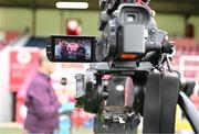 4 August 2024; Oisín Langan, left, and Keith Treacy of LOITV before the SSE Airtricity Men's Premier Division match between St Patrick's Athletic and Sligo Rovers at Richmond Park in Dublin. Photo by Stephen Marken/Sportsfile
