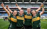 4 August 2024; Kerry players, from left, Fay O'Donoghue, Hannah O'Donoghue, Emma Dineen and Aishling O'Connell celebrate after their side's victory in the TG4 All-Ireland Ladies Football Senior Championship final match between Galway and Kerry at Croke Park, Dublin. Photo by Seb Daly/Sportsfile