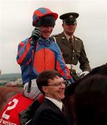 29 June 1997; Jockey Christy Roche and trainer Aidan O'Brien with Desert King after winning the Budweiser Irish Derby at The Curragh racecourse in Kildare. Photo by Damien Eagers/Sportsfile