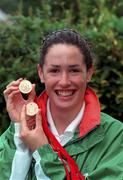 24 July 1998; Irish athlete Emily Maher with her 2 gold medals from the World Youth Olympics which were held in Moscow, Russia, at her home in Kilkenny. Photo by Brendan Moran/Sportsfile