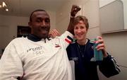 4 September 1998; Olympic gold medalist Linford Christie with London Marathon winner Catherina McKiernan at the launch of Physio, Sport and Body Care Products which are approved by the Olympic Committe Medical Council in Dublin. Photo by David Maher/Sportsfile