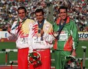 23 August 1998; Men's 5000m gold medallist Isaac Viciosa of Spain, centre, silver medallist Manuel Pancorbo of Spain, left, and bronze medallist Mark Carroll of Ireland during the European Athletics Championships at Nep Stadium in Budapest, Hungary. Photo by Brendan Moran/Sportsfile