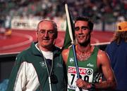 22 August 1998; Mark Carroll of Ireland, right, with his mentor Fr. John Dooley, from North Mon, Co Cork, after he won the bronze medal in the Men's 5000m during the European Athletics Championships at Nep Stadium in Budapest, Hungary. Photo by Brendan Moran/Sportsfile