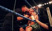 19 September 1998; Michael Carruth receives corner advice from coach Steve Collins during his WAA Welterweight Championship bout against Scott Dixon at the National Basketball Arena in Tallaght, Dublin. Photo by David Maher/Sportsfile