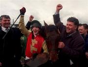 13 April 1998; Paul Carberry and Bobbyjo celebrate with owner Bobby Burke after they won the Irish Grand National Steeplechase during the Fairyhouse Easter Festival - Irish Grand National day at Fairyhouse Racecourse in Ratoath, Meath. Photo by Matt Browne/Sportsfile