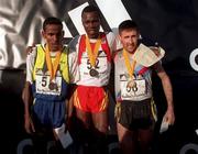 17 January 1999; Men's International race podium, gold medallist Richard Limo of Kenya, centre, silver medallist Million Wold of Ethiopa, left, and bronze medallist Peter Matthews of Ireland during the Ras na hEireann at Oldbridge House in Drogheda, Co Louth. Photo by Matt Browne/Sportsfile