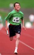 21 May 1998; Seamus Claherty of Scoil Mhobi on his way to winning the final leg of the Boys U12 4x100m relay race during the Church and General Cumann na mBunscoil Sports at Morton Stadium in Santry, Dublin. Photo by Brendan Moran/Sportsfile