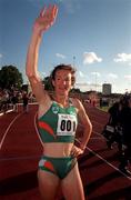 21 June 1997; Sonia O'Sullivan of Ireland celebrates after winning the women's 2000m during the Cork City Sports event at the Mardyke Arena in Cork. Photo by Brendan Moran/Sportsfile