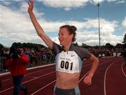 27 June 1998; Sonia O'Sullivan of Ireland celebrates after breaking the World Record in the Women's 1500m race during the Cork City Sports event at the Mardyke Arena in Cork. Photo by Brendan Moran/Sportsfile