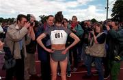 27 June 1998; Sonia O'Sullivan of Ireland speaking to the media after breaking the World Record in the Women's 1500m race during the Cork City Sports event at the Mardyke Arena in Cork. Photo by Brendan Moran/Sportsfile