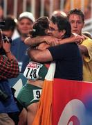 19 August 1998; Sonia O'Sullivan of Ireland is congratulated by her father John after winning the Women's 10000m final during the European Athletics Championships at Nep Stadium in Budapest, Hungary. Photo by Brendan Moran/Sportsfile