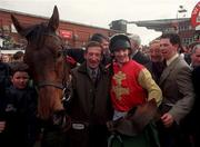 13 April 1998; Jockey Paul Carberry with his father and trainer Tommy Carberry and horse Bobbyjo after they won the Irish Grand National Steeplechase during the Fairyhouse Easter Festival - Irish Grand National day at Fairyhouse Racecourse in Ratoath, Meath. Photo by Matt Browne/Sportsfile