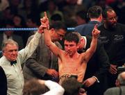 30 March 1996; Wayne McCullough celebrates after defeating Jose Luis Bueno in their WBC Bantamweight World Title bout at the Point in Dublin. Photo by David Maher/Sportsfile