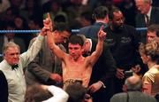 30 March 1996; Wayne McCullough celebrates after defeating Jose Luis Bueno in their WBC Bantamweight World Title bout at the Point in Dublin. Photo by David Maher/Sportsfile