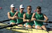 15 August 2004; Ireland's Lightweight Men's Coxless Fours of, from right, Paul Griffin, Niall O'Toole, Eugene Coakley and Richard Archibald in action during their heat of the in which they came second in a time of 5.52.54 to qualify for the semi-finals. Schinias Olympic Rowing Centre. Games of the XXVII Olympiad, Athens Summer Olympics Games 2004, Athens, Greece. Picture credit; Brendan Moran / SPORTSFILE