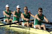 15 August 2004; Ireland's Lightweight Men's Coxless Fours of, from right, Paul Griffin, Niall O'Toole, Eugene Coakley and Richard Archibald in action during their heat of the in which they came second in a time of 5.52.54 to qualify for the semi-finals. Schinias Olympic Rowing Centre. Games of the XXVII Olympiad, Athens Summer Olympics Games 2004, Athens, Greece. Picture credit; Brendan Moran / SPORTSFILE