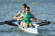 15 August 2004; Ireland's Gearoid Towey and Sam Lynch, left, in action during their heat of the Lightweight Men's Double Sculls which they won in a time of 6.16.63 to qualify for the semi-finals. Schinias Olympic Rowing Centre. Games of the XXVII Olympiad, Athens Summer Olympics Games 2004, Athens, Greece. Picture credit; Brendan Moran / SPORTSFILE