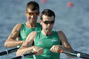 15 August 2004; Ireland's Gearoid Towey and Sam Lynch, left,  in action during their heat of the Lightweight Men's Double Sculls which they won in a time of 6.16.63 to qualify for the semi-finals. Schinias Olympic Rowing Centre. Games of the XXVII Olympiad, Athens Summer Olympics Games 2004, Athens, Greece. Picture credit; Brendan Moran / SPORTSFILE