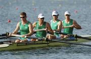 15 August 2004; Ireland's Lightweight Men's Coxless Fours team, from left, Paul Griffin, Niall O'Toole, Eugene Coakley and Richard Archibald. Schinias Olympic Rowing Centre. Games of the XXVIII Olympiad, Athens Summer Olympics Games 2004, Athens, Greece. Picture credit; Brendan Moran / SPORTSFILE