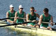 15 August 2004; Ireland's Lightweight Men's Coxless Fours team, from right, Paul Griffin, Niall O'Toole, Eugene Coakley and Richard Archibald look at a floating waterbottle vefore their heat. Schinias Olympic Rowing Centre. Games of the XXVIII Olympiad, Athens Summer Olympics Games 2004, Athens, Greece. Picture credit; Brendan Moran / SPORTSFILE