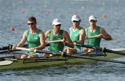15 August 2004; Ireland's Lightweight Men's Coxless Fours team, from left, Paul Griffin, Niall O'Toole, Eugene Coakley and Richard Archibald. Schinias Olympic Rowing Centre. Games of the XXVIII Olympiad, Athens Summer Olympics Games 2004, Athens, Greece. Picture credit; Brendan Moran / SPORTSFILE