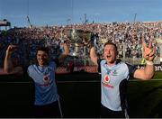 22 September 2013; Dublin's Bernard Brogan, left, and Paul Flynn celebrate with the Sam Maguire following their side's victory. GAA Football All-Ireland Senior Championship Final, Dublin v Mayo, Croke Park, Dublin. Picture credit: Stephen McCarthy / SPORTSFILE