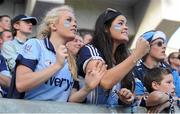 22 September 2013; Dublin supporters Niamh Fallon, left, and Ciara McCabe, from Portmarnock, cheer on their side during the first-half in the GAA Football All-Ireland Championship Finals, Croke Park, Dublin. Picture credit: Barry Cregg / SPORTSFILE