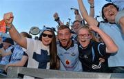22 September 2013; Dublin supporters Danielle Halton, left, Anthony Brennan and Amy Brennan, from Portmarnock, celebrate their sides victory. GAA Football All-Ireland Championship Finals, Croke Park, Dublin. Picture credit: Barry Cregg / SPORTSFILE