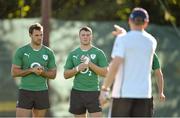23 September 2013; Ireland's Niall Morris and Robbie Henshaw listen to instructions from head coach Joe Schmidt during squad training. Ireland Rugby Squad Training, Carton House, Maynooth, Co. Kildare. Picture credit: Brendan Moran / SPORTSFILE