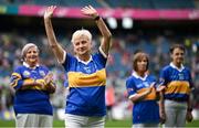 4 August 2024; Mary Power O’Shea, from Mullinahone, of the Tipperary team of 1974, who won the first All-Ireland Ladies Senior Football Championship final, during the TG4 All-Ireland Ladies Football Intermediate Championship final match between Leitrim and Tyrone at Croke Park in Dublin. Photo by Seb Daly/Sportsfile