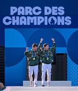5 August 2024; Olympic Champions in lightweight men's double sculls Fintan McCarthy, left, and Paul O'Donovan and at the Champions Park at the Trocadero during the 2024 Paris Summer Olympic Games in Paris, France. Photo by Brendan Moran/Sportsfile
