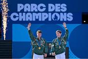 5 August 2024; Olympic Champions in lightweight men's double sculls Fintan McCarthy, left, and Paul O'Donovan and at the Champions Park at the Trocadero during the 2024 Paris Summer Olympic Games in Paris, France. Photo by Brendan Moran/Sportsfile