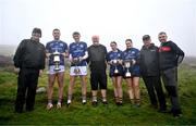 5 August 2024; Uachtarán Chumann Lúthchleas Gael Jarlath Burns, left, event sponsor Martin Donnelly, centre, and Camogie Association president Brian Molloy, second from right, and Louth TD Ruairí Ó Murchú, right, pose with Winners, from second from left, Senior hurler Fionán Mackessy of Kerry, U16 hurler Matthew O'Sullivan of Kerry, U16 camogie player Ona Kennedy of Kilkenny and Senior camogie player Molly Lynch of Cork with their trophies after the 2024 M. Donnelly GAA All-Ireland Poc Fada Finals at Annaverna Mountain in the Cooley Peninsula, Ravensdale, Louth. Photo by Ben McShane/Sportsfile