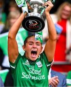 4 August 2024; Brenda Bannon of Fermanagh lifts the West County Hotel cup after the TG4 All-Ireland Ladies Junior Football Championship final match between Fermanagh and Louth at Croke Park, Dublin. Photo by Ray McManus/Sportsfile