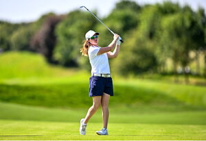 6 August 2024; Leona Maguire of Team Ireland watches her shot from the 18th fairway during a practice round at Le Golf National during the 2024 Paris Summer Olympic Games in Paris, France. Photo by David Fitzgerald/Sportsfile