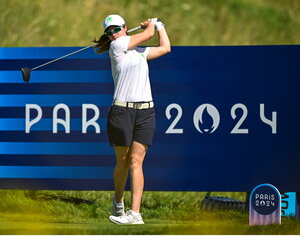 6 August 2024; Leona Maguire of Team Ireland watches her drive from the 17th tee box during a practice round at Le Golf National during the 2024 Paris Summer Olympic Games in Paris, France. Photo by David Fitzgerald/Sportsfile
