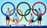 6 August 2024; Team Ireland golfers Leona Maguire, second from left, and Stephanie Meadow, second from right, with, caddie Verners Tess, left, and caddie Ben Lown during a practice round at Le Golf National during the 2024 Paris Summer Olympic Games in Paris, France. Photo by David Fitzgerald/Sportsfile