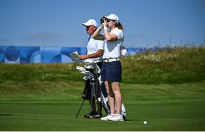 6 August 2024; Leona Maguire of Team Ireland and caddie Verners Tess on the 18th during a practice round at Le Golf National during the 2024 Paris Summer Olympic Games in Paris, France. Photo by David Fitzgerald/Sportsfile