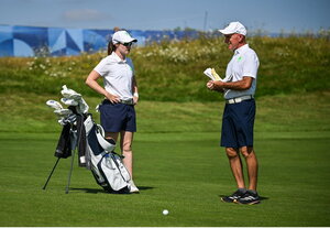 6 August 2024; Leona Maguire of Team Ireland and caddie Verners Tess on the 18th during a practice round at Le Golf National during the 2024 Paris Summer Olympic Games in Paris, France. Photo by David Fitzgerald/Sportsfile