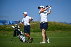 6 August 2024; Leona Maguire of Team Ireland plays a shot from the 18th fairway during a practice round at Le Golf National during the 2024 Paris Summer Olympic Games in Paris, France. Photo by David Fitzgerald/Sportsfile