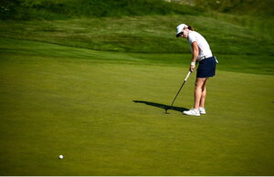 6 August 2024; Leona Maguire of Team Ireland putts on the 18th green during a practice round at Le Golf National during the 2024 Paris Summer Olympic Games in Paris, France. Photo by David Fitzgerald/Sportsfile