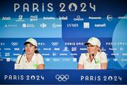 6 August 2024; Team Ireland golfers Leona Maguire, left, and Stephanie Meadow during a press conference following a practice round at Le Golf National during the 2024 Paris Summer Olympic Games in Paris, France. Photo by David Fitzgerald/Sportsfile
